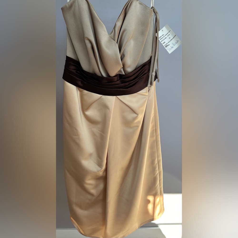 IMPRESSIONS size 10, gold/bronze/espresso midi formal gown. Straps attached. NWT